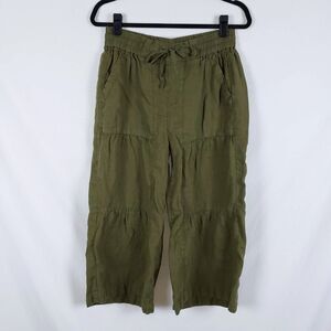 Wide Leg Cropped Linen Pants Green Tiered Drawstring Boho Beach Vacation